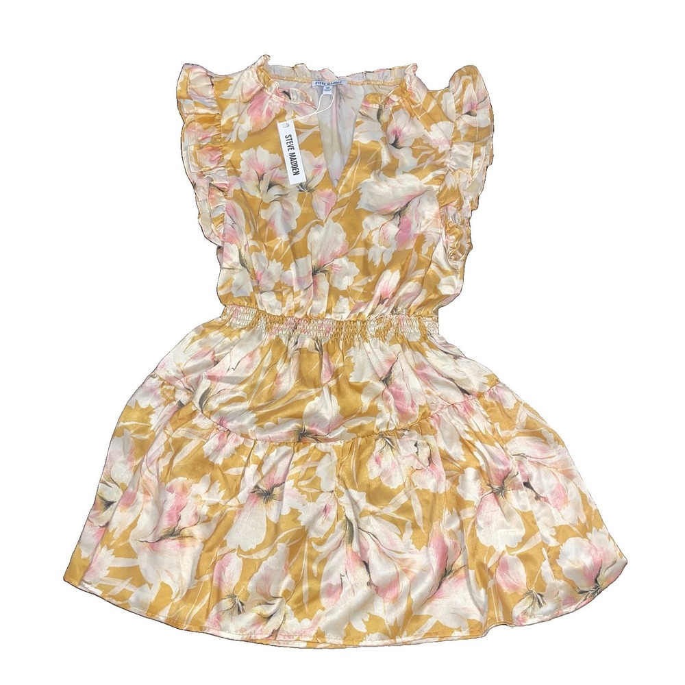 Steve Madden Floral Mini Dress Women's Medium Flutter Sleeve Smocked Waist V Nec